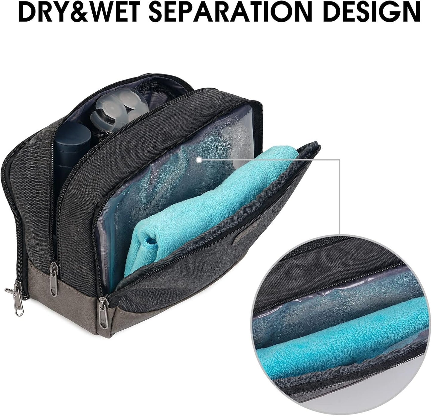 WANDF Travel Toiletry Bag for Men Hanging Dopp Kit Canvas Toiletry Organizer Water-Resistant Vegan Leather Shaving Bag for Toiletries Accessories (Black)