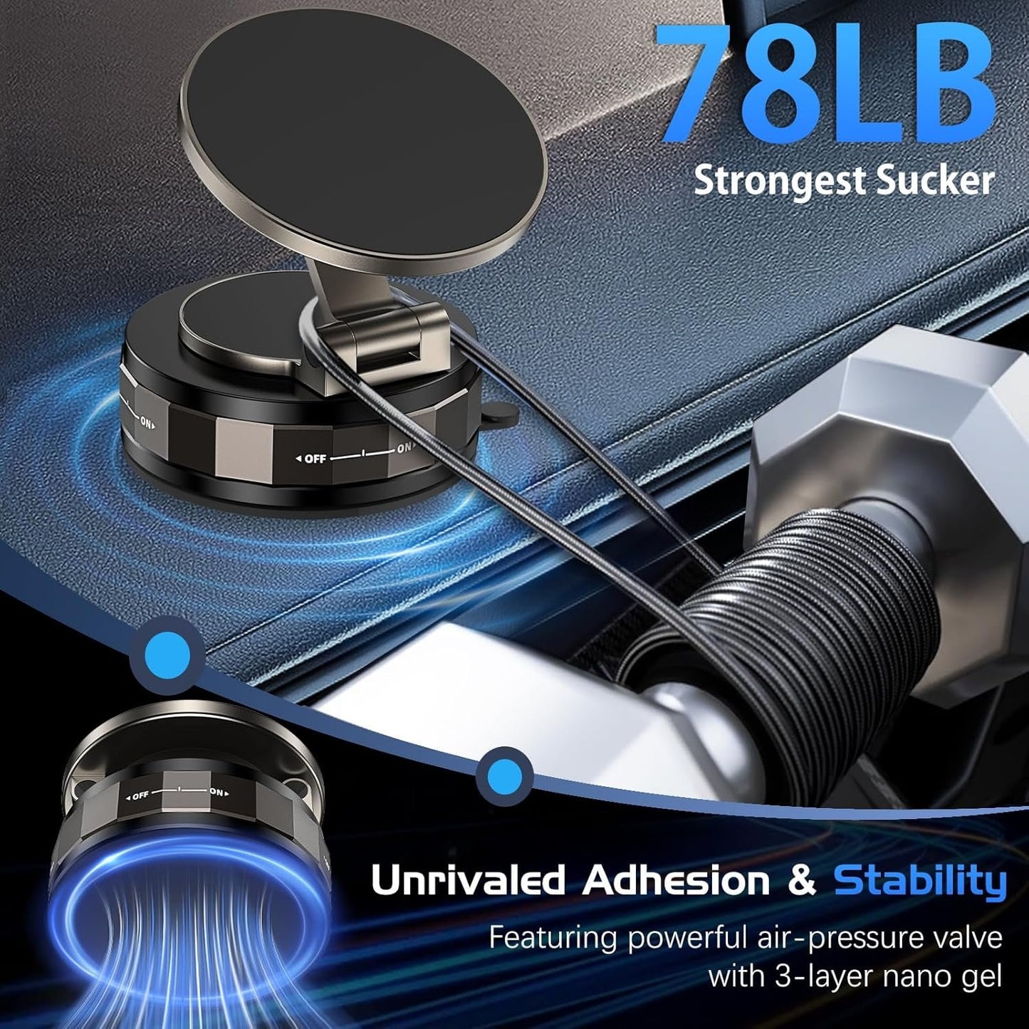 DOMAVER 360° Adjustable Vacuum Suction Magnetic Phone Holder Car, Swivel Locking Car Phone Holder Mount,Strong Magnetic Suction Cup Phone Mount Compatible with iPhone 16 15 14 13 12 Series,Black