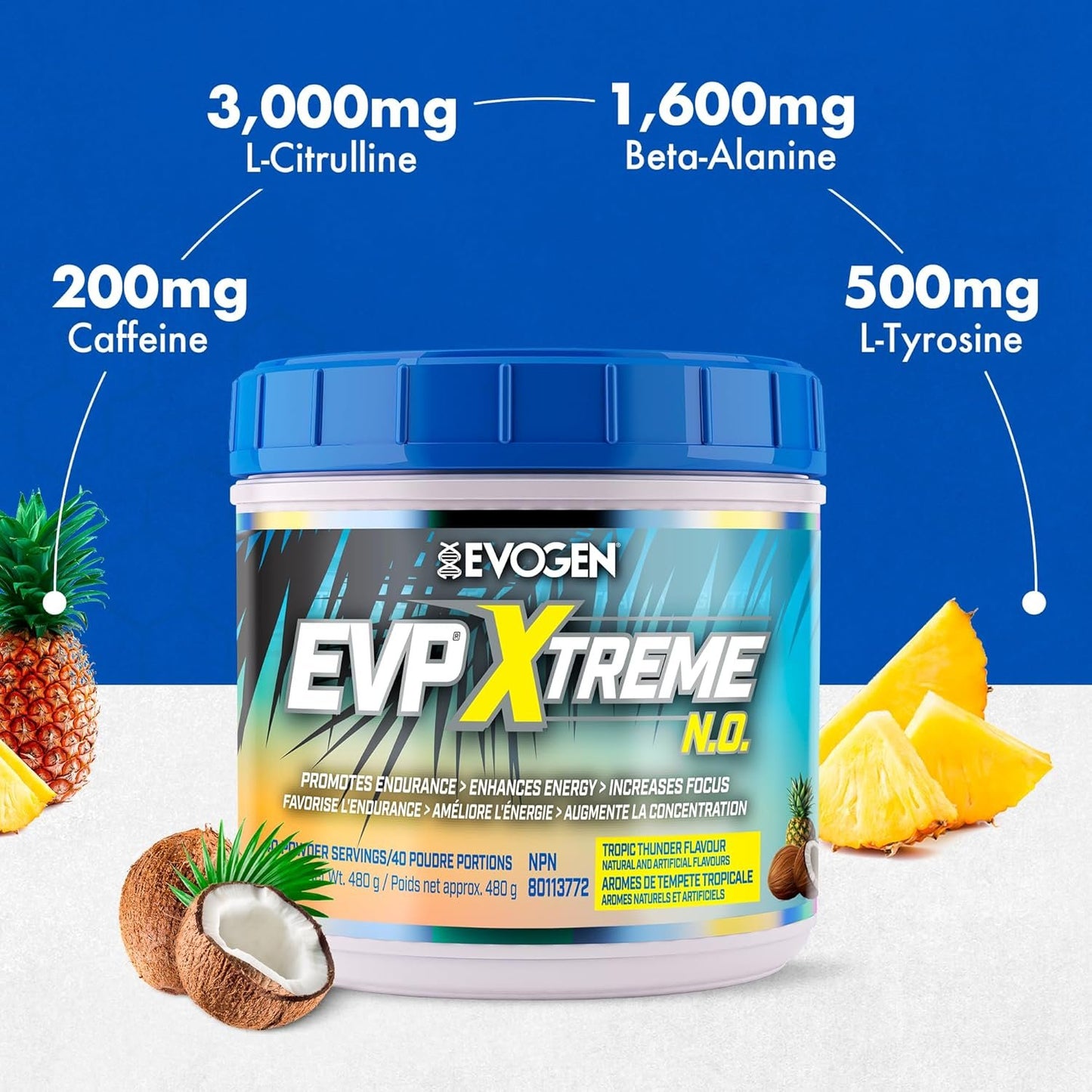 Evogen EVP Xtreme NO - Pre-Workout | Muscle Pump, Energy & Focus, Boosts Nitric Oxide | Arginine Nitrate, L-Citrulline, Natural Caffeine | Tropic Thunder | 40 Servings