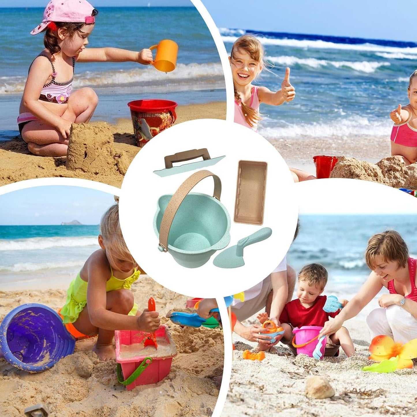 Beach Toys, Sand Box Castle Play Set, Buckets Toy Set, Shovels Molds Sandbox Tool Kit with Mesh Bag, Ideal for Outdoor Summer, 6.69 x 6.5 x 4.33 Inches, Unisex and Lightweight Design