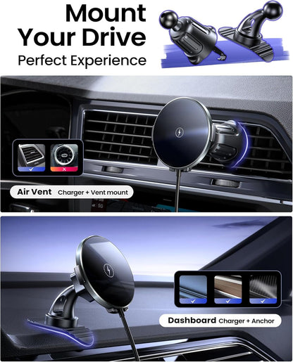 Hoonyer Magnetic Car Mount Charger,Car Phone Holder Mount, Air Vent/Dashboard,15W Fast Magnetic Car Charger for iPhone 16/15/14/13/12 Series, Fast Charging, Black