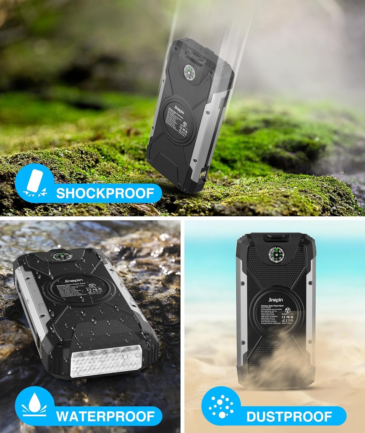 Solar Charger 38600mAh,Solar Power Bank Wireless Portable Charger Built in 3 Cables External Battery Pack Waterproof with 4 Outputs 2 Inputs USB C 15 W 5V/3A Battery Bank with Camping Light Compass