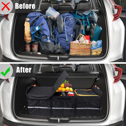 Trunk Organizer for Car, Foldable Car Storage Bag Portable With Built-in Leakproof Insulation Cooler Bag, 5 Compartments Vehicle Divider Heavy Duty Cargo Tote for SUV RV Lorry Truck Car Trip (T783)