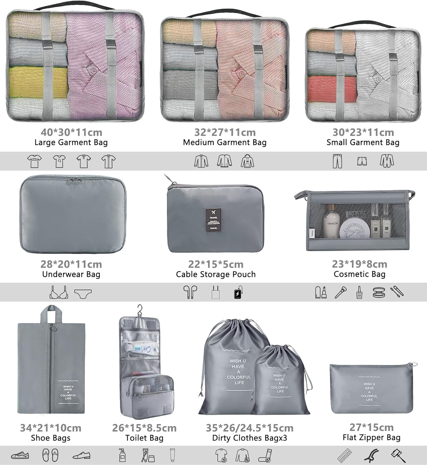 SaiXuan 12-Piece Suitcase Organizer Set, Travel Organizer, Space-Saving Suitcase, Packing Cubes, Organizer for Suitcases, Packing Cubes for Cosmetics, Underwear Clothing (Grey)