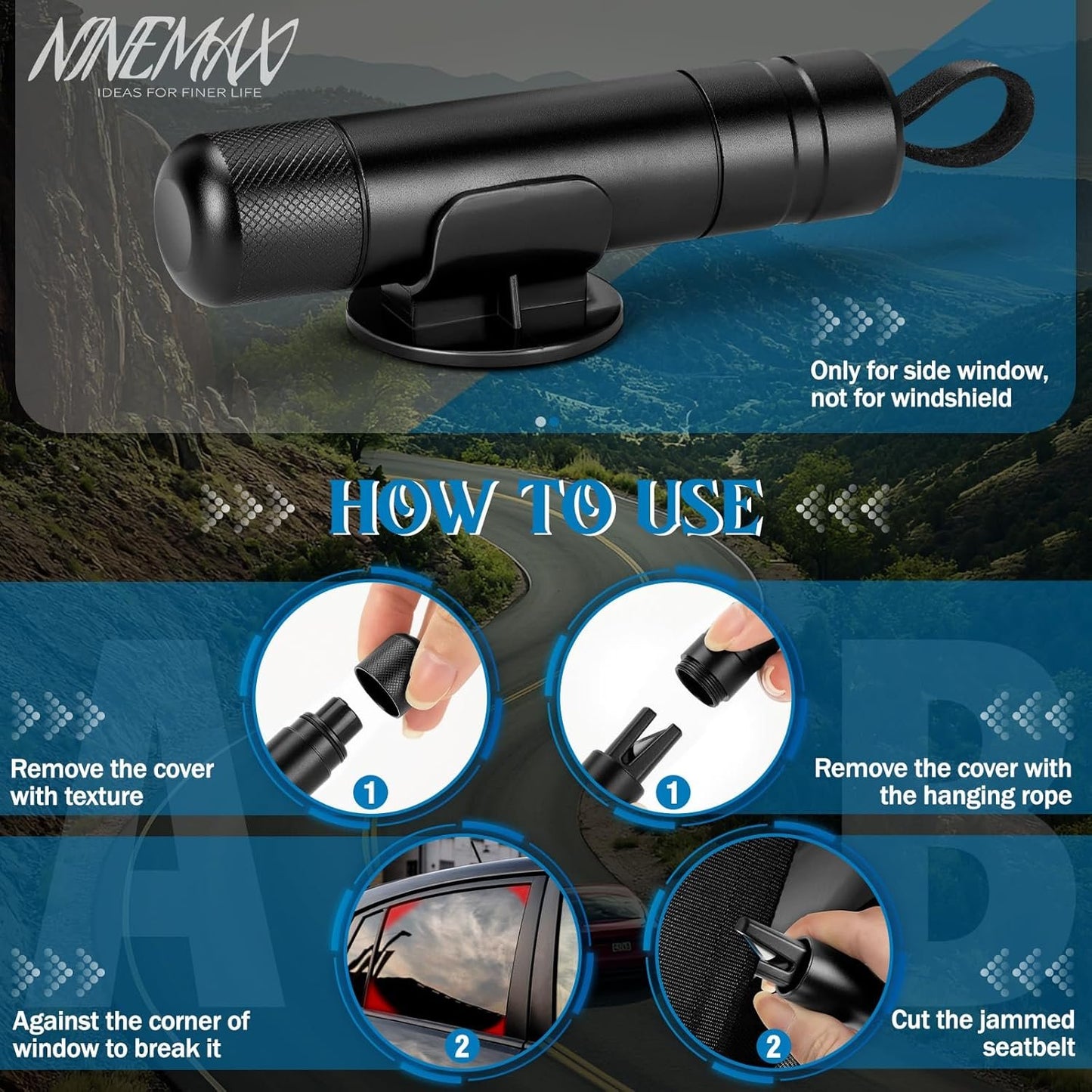 NINEMAX Car Window Breaker Seatbelt Cutter, Pack of 2 Car Escape Glass Breaker Keychain Safety, 2-in-1 Emergency Rescue Window Punch Tool Underwater