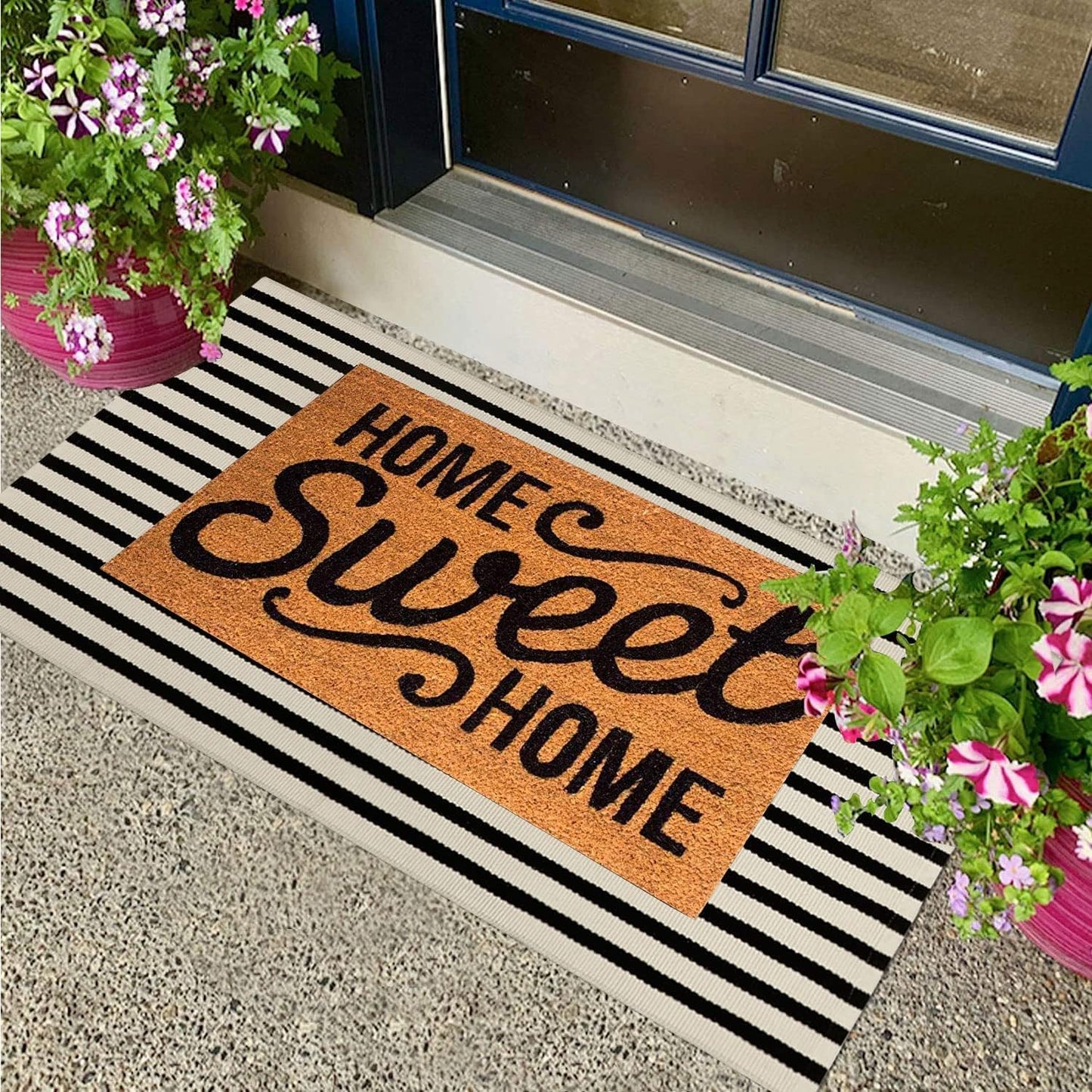 Jabykare Front Door Mat Outdoor Cotton Handwoven Farmhouse Layered Door Mat Washable Striped Porch Rug Carpet Mat for Entrance Kitchen Laundry Bedroom(Black and Beige, 90x150 cm)
