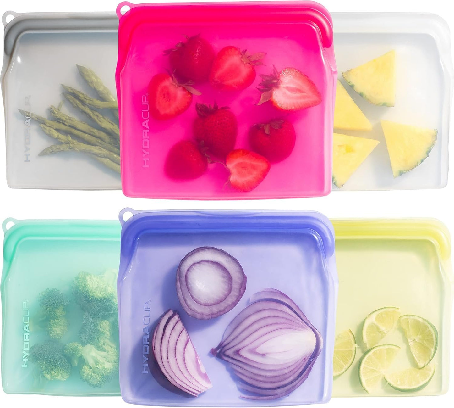 6 PACK - Hydra Cup Reusable Food Storage Silicone Bags, 30 ounces, Press to Lock, Stash Snacks & Meal Prep, Sandwich Size, Microwave, Oven, & Freezer Safe.