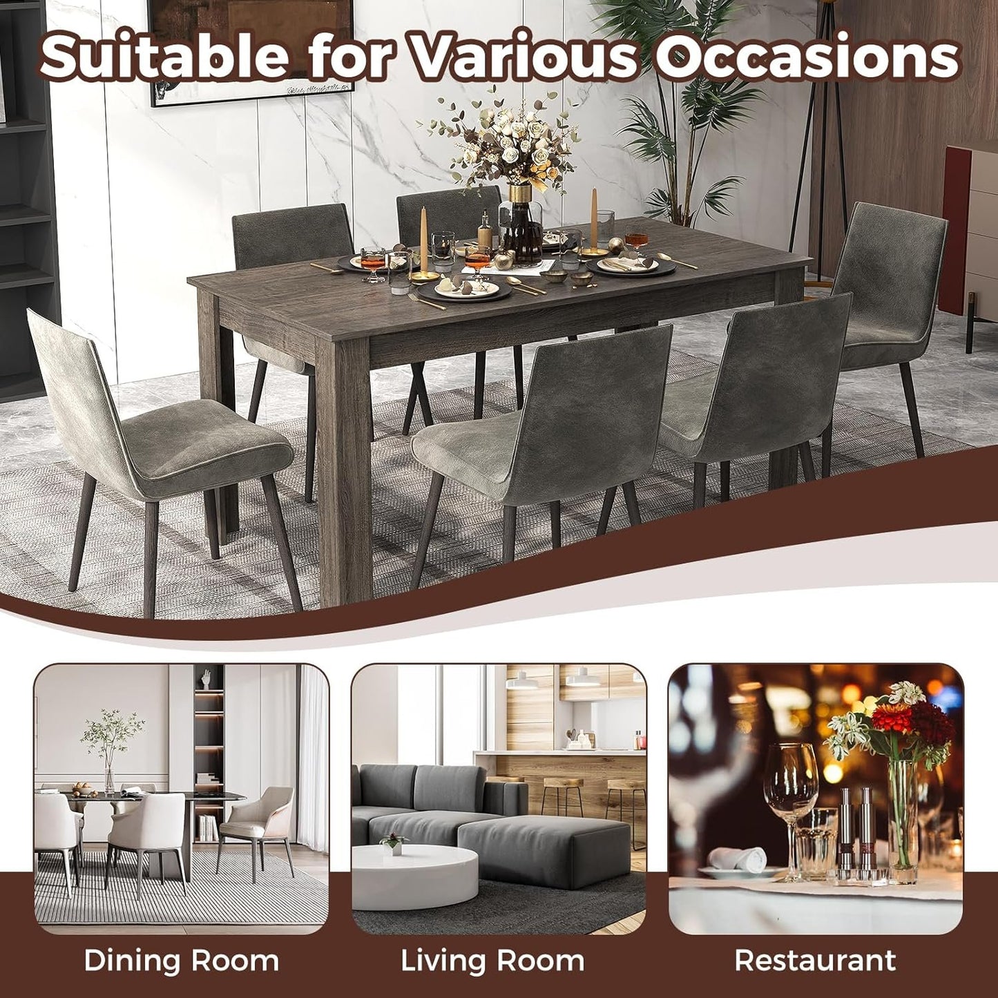 COSTWAY Dining Table for 4-6 People, 63” Rectangular Dining Room Table, Farmhouse Dinette Table with Large Computer Workstation, Modern Kitchen Table for Apartment, Living Room, Restaurant (Grey)
