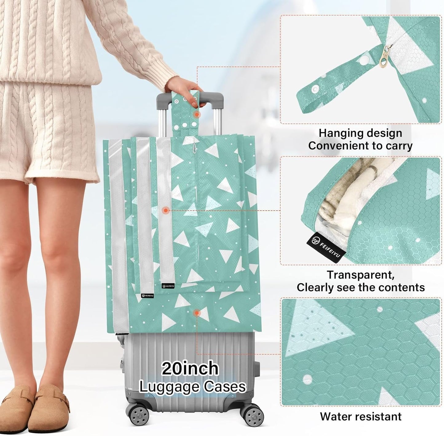 Green Cute Triangle 3 Set Packing Travel Bags Waterproof Compression Bags For Travel Clothing Storage Bag Bedroom Storage And Organization