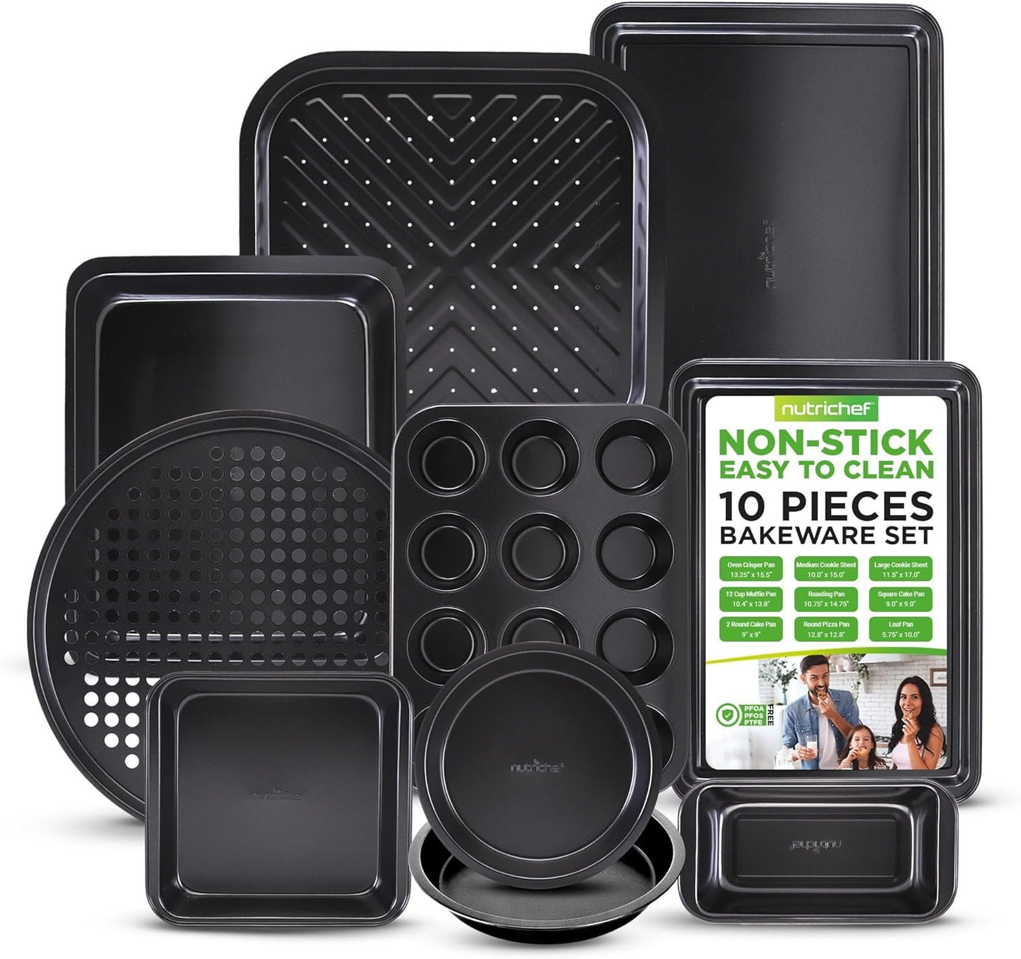 10-Piece Kitchen Oven Baking Pans - Deluxe Carbon Steel Bakeware Set with Stylish Non-Stick Gray Coating Inside & Out; Dishwasher Safe & PFOA | PFOS | PTFE Free - NutriChef (NCBS10S)
