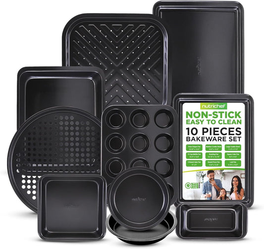 NutriChef 10-Piece Non-Stick Baking Pans Set - Deluxe Carbon Steel Bakeware Set w/Cookie Sheets, Muffin Pan, Roasting Pan, Cake Pan, Baking Tray, Pizza Pan - Easy to Clean, Black