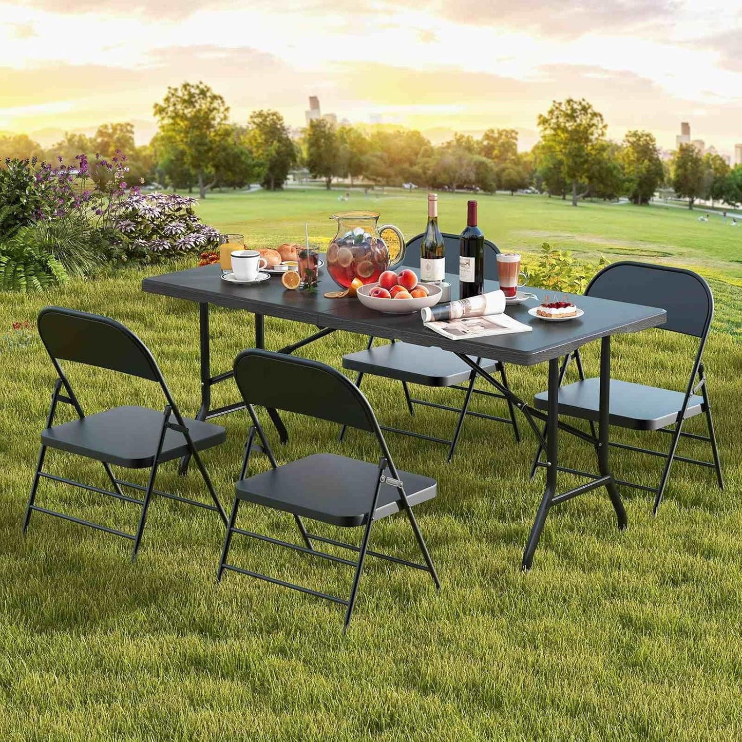 Costway 1.5m Folding Picnic Table, Outdoor Dining Table w/Wood Grain HDPE Tabletop, Sturdy Metal Fame, Non-Slip Foot Pads, 4-6 Person Camping Table for Patio Garden Deck Yard