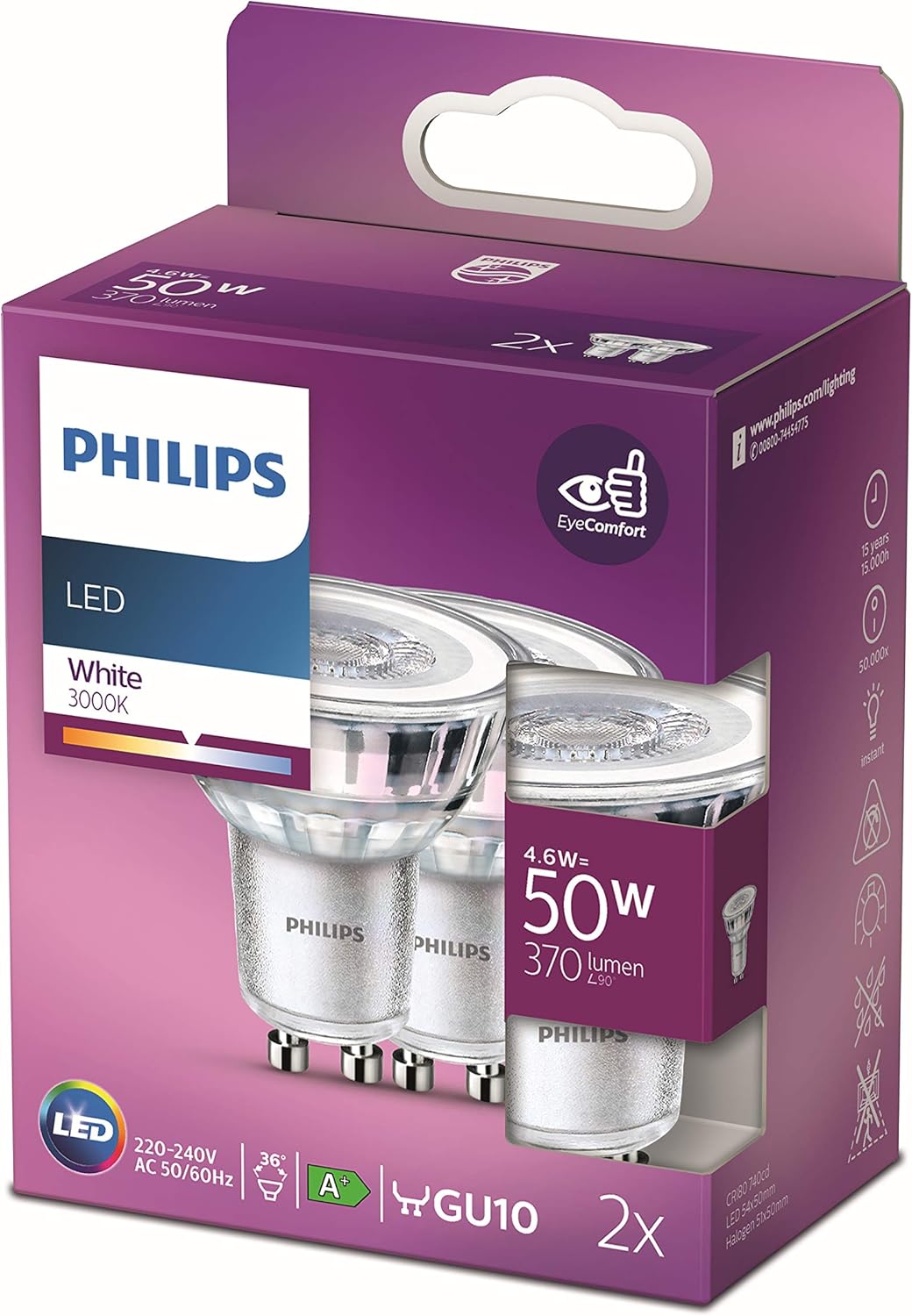 Philips LED Classic 2 Pack [GU10 Spot] 4.6W - 50W Equivalent, 220-240V, White 3000K (Non-Dimmable)