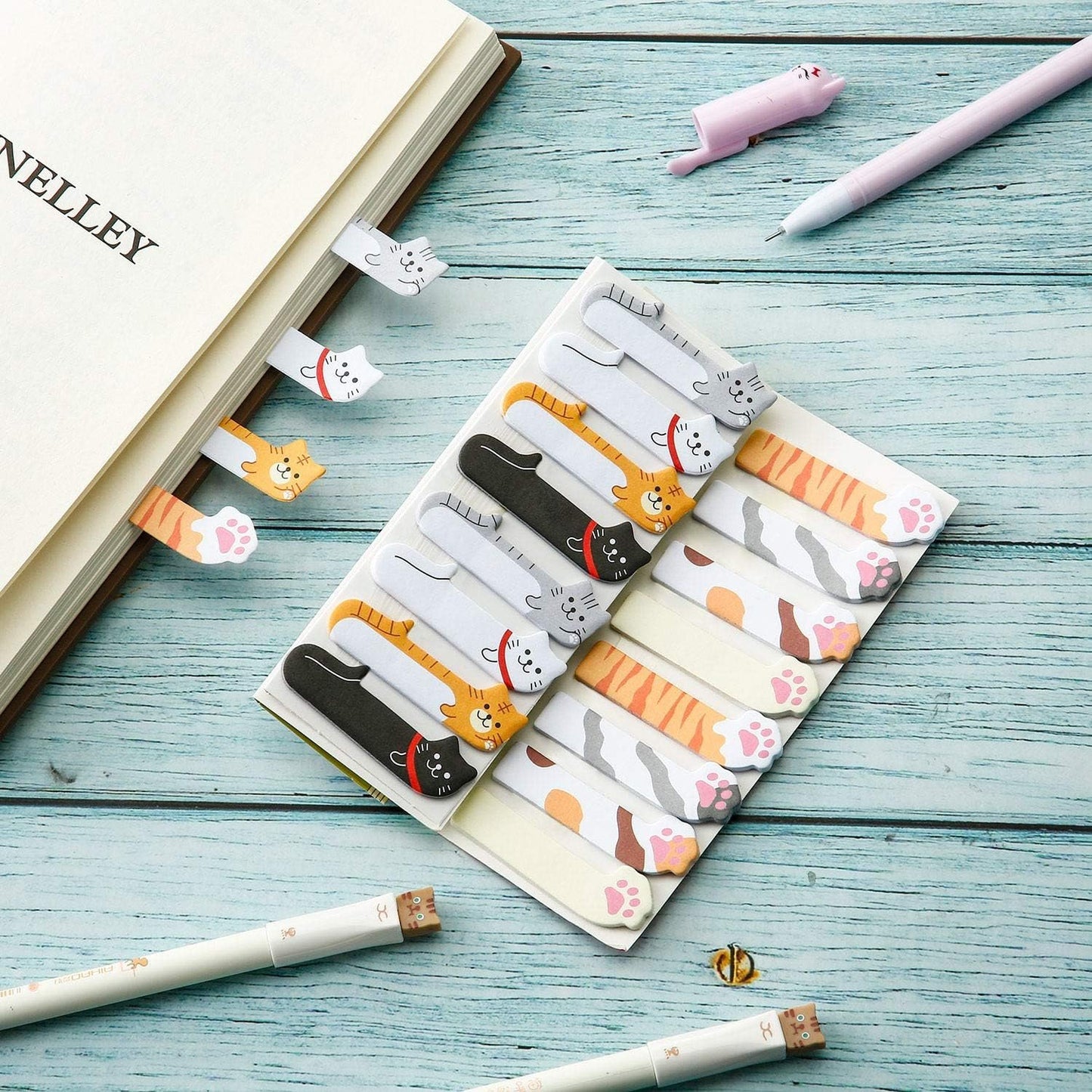 12 Pieces Cute Cat Pens Cats Design Gel Ink Pens Kawaii Writing Pen and 320 Pieces Cute Cat Sticky Notes Page Bookmarks Flags Tab for Cat Lovers Kids Stationery School Office Supplies
