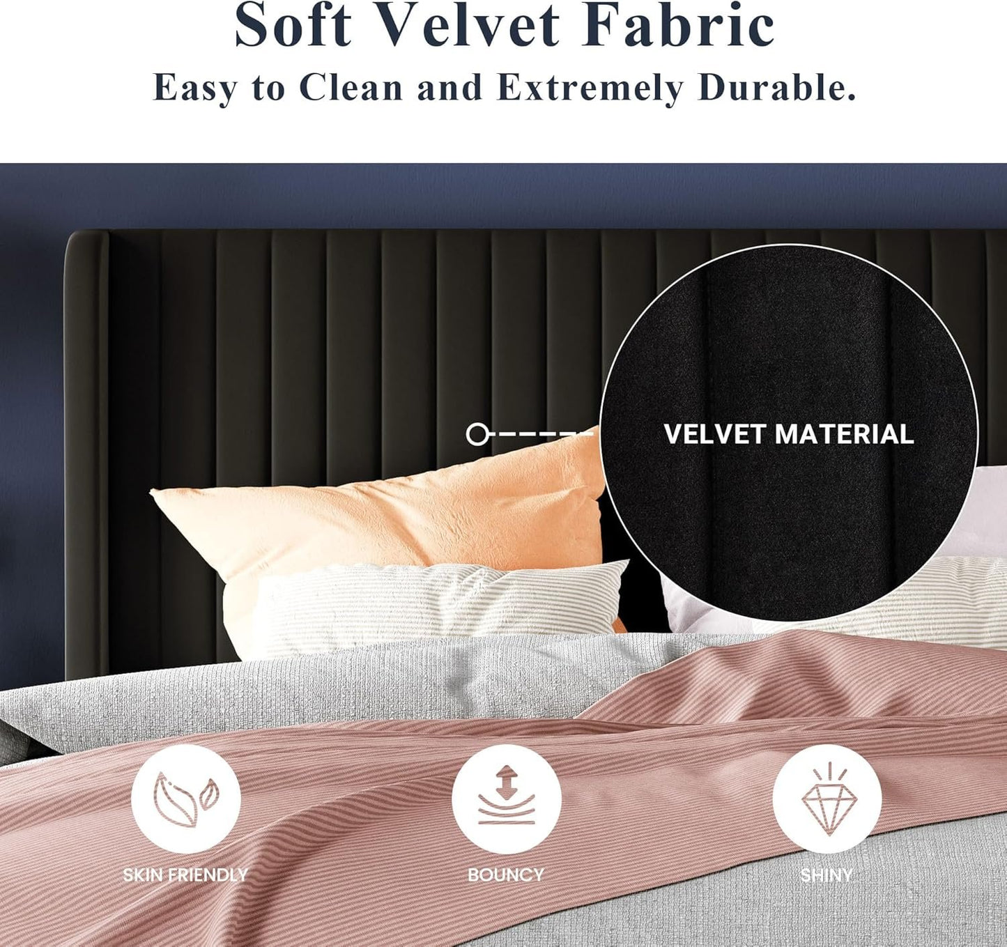 Allewie Queen Size Velvet Bed Frame/Vertical Channel Tufted Wingback Headboard/Upholstered Platform Bed/Strong Wooden Slats/No Box Spring Needed/Easy Assembly/Black