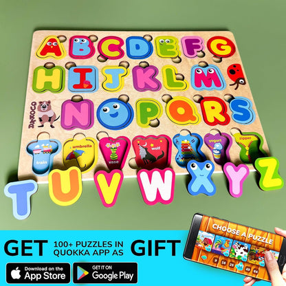 QUOKKA Montessori Alphabet Puzzle for Toddlers 2-4 Years - Educational Wooden Puzzles for Kids Ages 3-5 - Learning Toy Letters and ABC Recognition - Preschool Activity Board - Learning Activities
