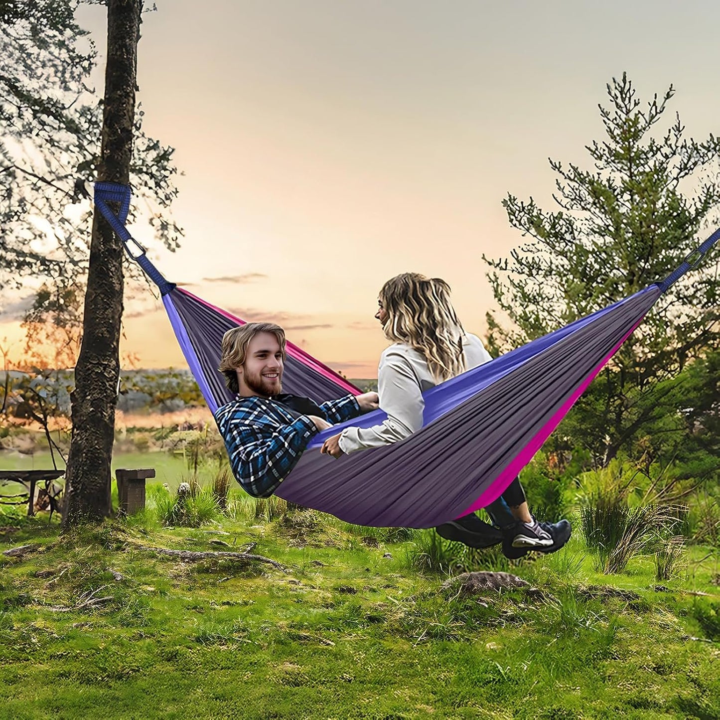 Double Camping Hammock, Two Person Hammocks with 2 Tree Straps(16+2 Loops), Portable Lightweight Hammock with 210T Nylon Parachute for Backpacking, Outdoor, Beach, Travel, Hiking, Gear - Red Gray