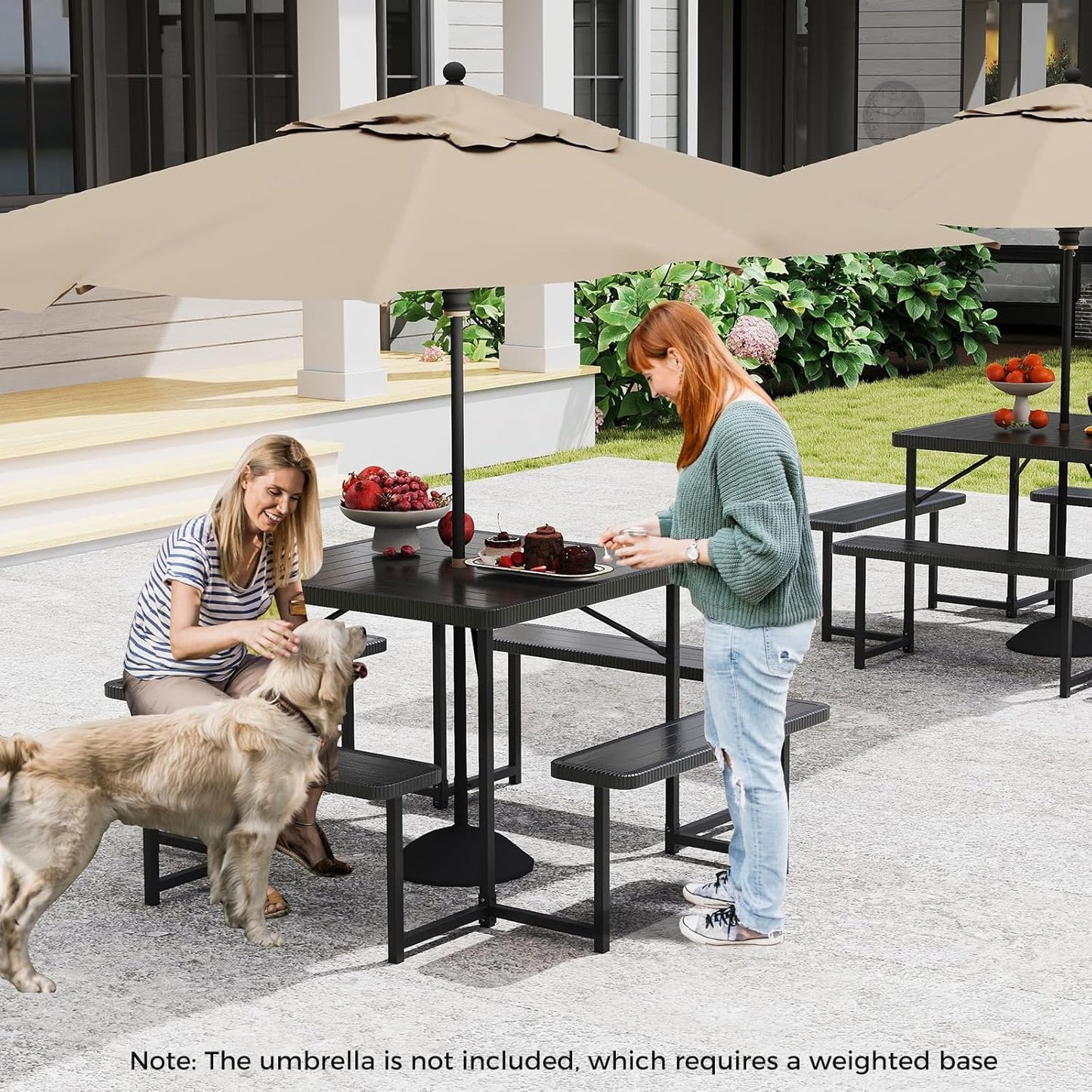 Giantex Picnic Table Bench Set for 4-8 People, 34" Outdoor Square Dining Table & 2 Benches w/Umbrella Hole, HDPE Tabletop, Metal Frame, Patio Camping Furniture for Backyard Porch Lawn (Black,Square)