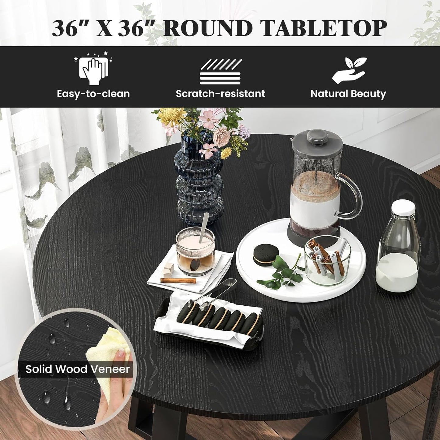 COSTWAY Round Dining Table, Kitchen Table for 4 People with Rubber Wood Frame, Pedestal Base, Farmhouse Rustic Dinning Room Table for Living Room Restaurant Breakfast Nook, Black