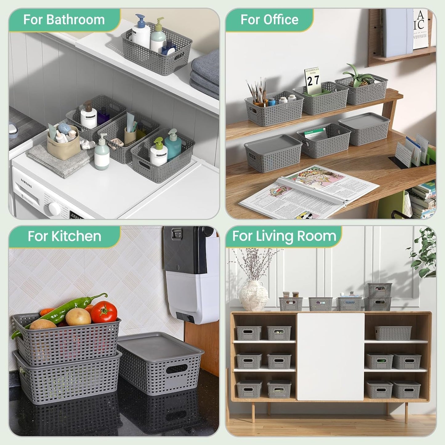 Plastic Storage Baskets with Lid - Plastic Storage Containers Stackable Storage bins: Storage Baskets for Organizing Shelves Drawers Desktop Closet Playroom Classroom Office, 8 Pack-Gray