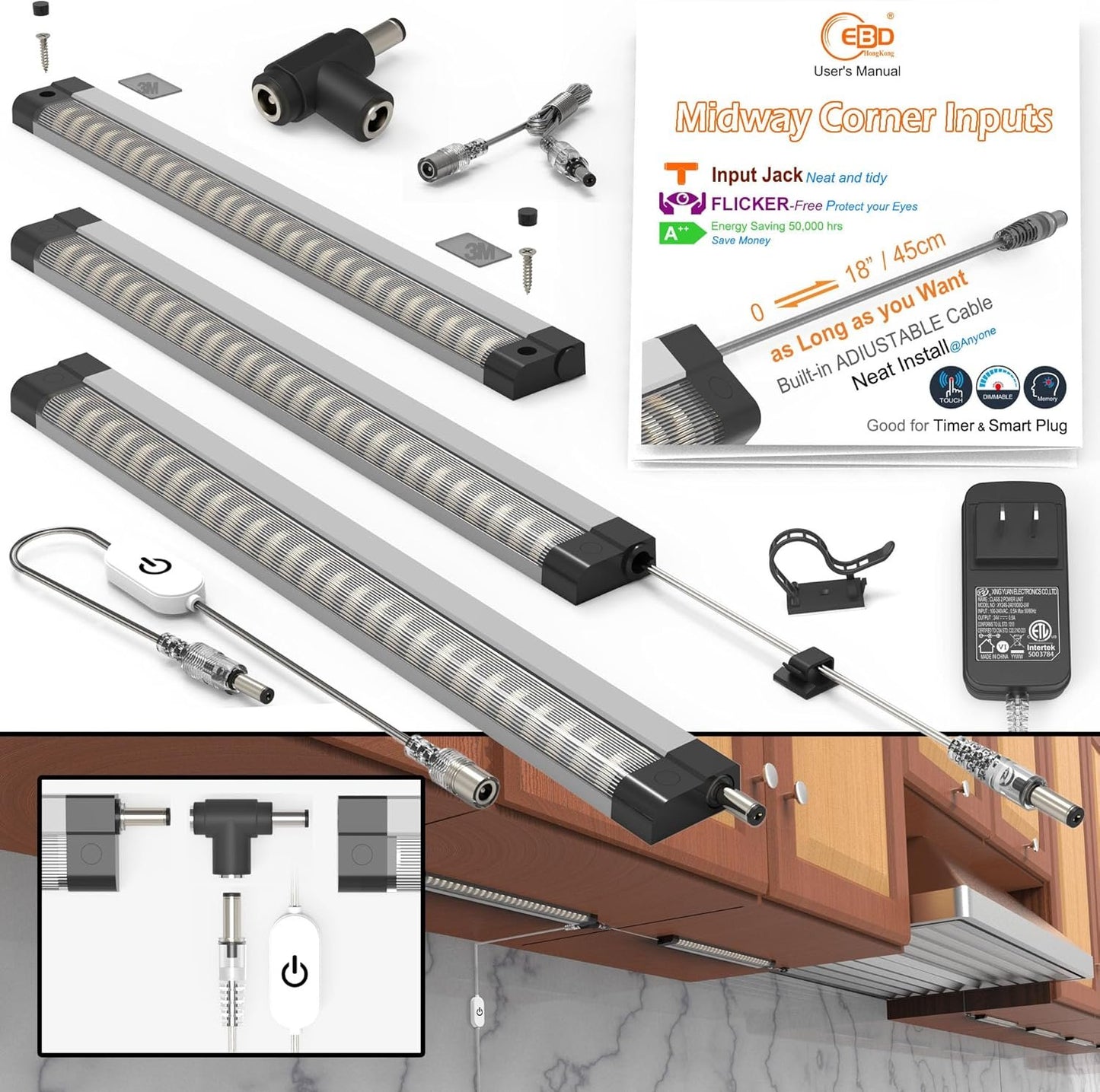 EBD LED Under Cabinet Lighting for Kitchen Built-in Adjustable Cable & Mid Input Jack Bookshelf Plug in Light bar 3 Pcs 1350 Lm 3000K Ultra Bright for Timer Smart Plug Alexa Google Assistant & Siri