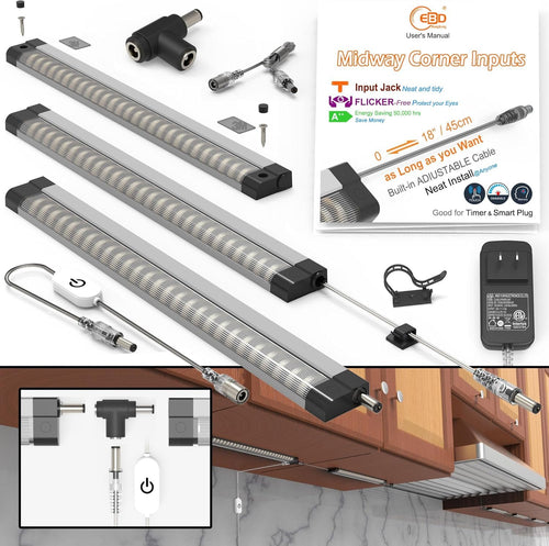 EBD LED Under Cabinet Lighting for Kitchen Built-in Adjustable Cable & Mid Input Jack Bookshelf Plug in Light bar 3 Pcs 1350 Lm 3000K Ultra Bright for Timer Smart Plug Alexa Google Assistant & Siri