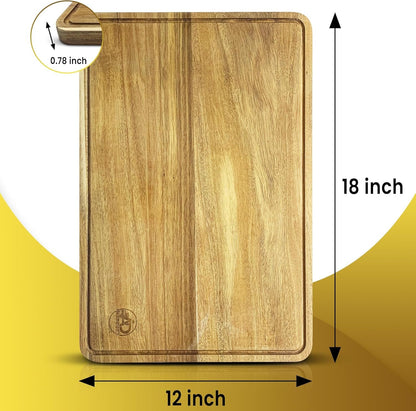 12x18 Organic Acacia Wooden Kitchen Cutting Boards, Large Premium Chopping Board, Juice Groove Hand Carved, Serving, Food-Prep, Meat, Veggies, Cheese and Bread. Natural Wood, Charcuterie Board.