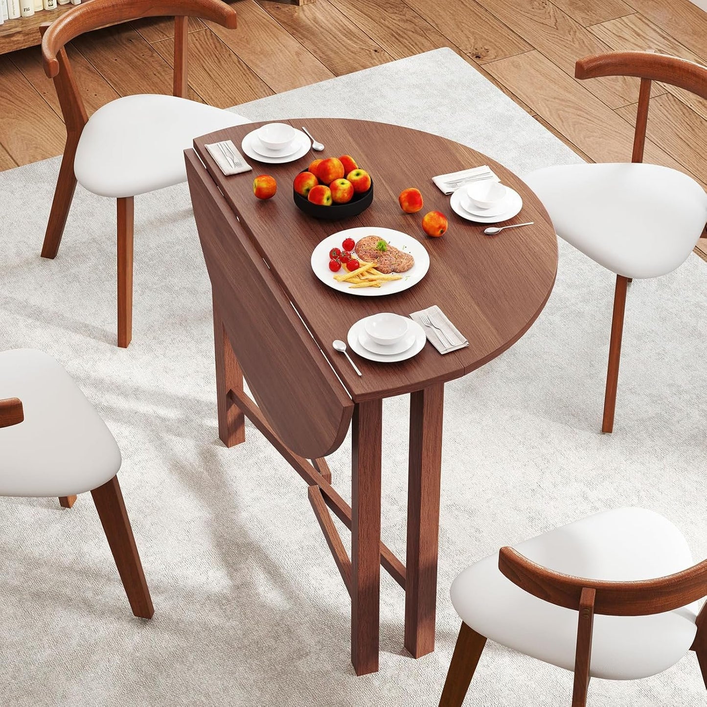 GOFLAME Round Drop Leaf Dining Table, 36” Folding Kitchen Table with Solid Wood Legs, Farmhouse Extendable Table for 2-4 People, Dinner Table for Dining Room, Living Room, Restaurant, Walnut