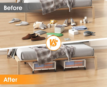 2 Pack Under Bed Storage with Wheels, DEWVIE Metal Under Bed Storage Containers with PVC Clear Lids, Rolling Under Bed Shoe Storage Organizer Under Bed Drawers for Clothes, Books, Toys (White)