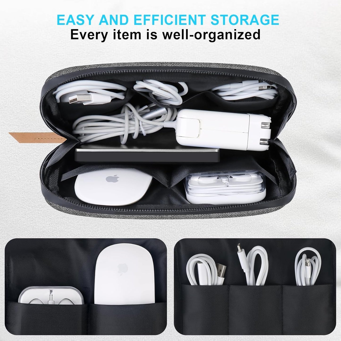 Lacdo Electronic Organizer Travel Cable Organizer Bag Pouch Case Tech Electronic Accessories Case Portable Charger Case for Cable, Cords, MacBook Laptop Charger, Mouse, Power Adapter, Power Bank, Gray