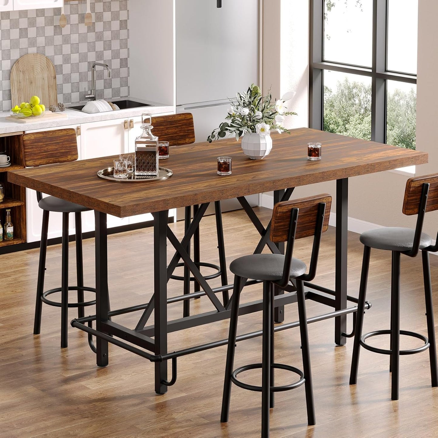 Tribesigns Bar Table, Industrial Counter Height Pub Table with Metal Footrest, 63-Inch Rectangle Wood Kitchen Dining Table with Sturdy Metal Frame for Dining Room, Home Bar (Brown)