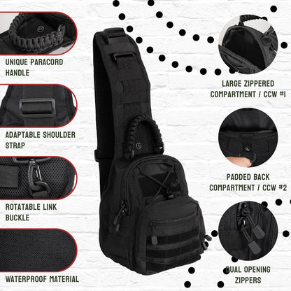 Sling Bag for Men - Lightweight & Compact EDC Gear Bag for Travel, Range, Hiking, Outdoor Sports - Weatherproof and Durable Nylon Crossbody Range Bag Day Pack - Black CCW Sling Bag, Black, Regular