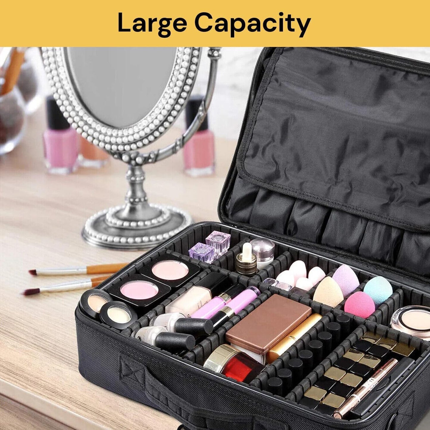 EZONEDEAL Travel Makeup Case Makeup Cosmetic Organizer Bag Waterproof Portable Artist Storage Bag with Adjustable Dividers for Brushes Toiletry Jewelry Digital Accessories Holder (Medium)