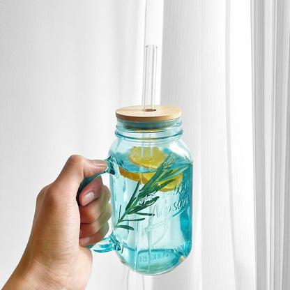ANOTION Mason Jar with Handle - Colorful Drinking Glasses Colored Glass Cups with Lids and Straws Colored Glasses Drinking Set of 2 Mason Jars Iced Coffee Cups Tumblers Smoothie Water Bottles