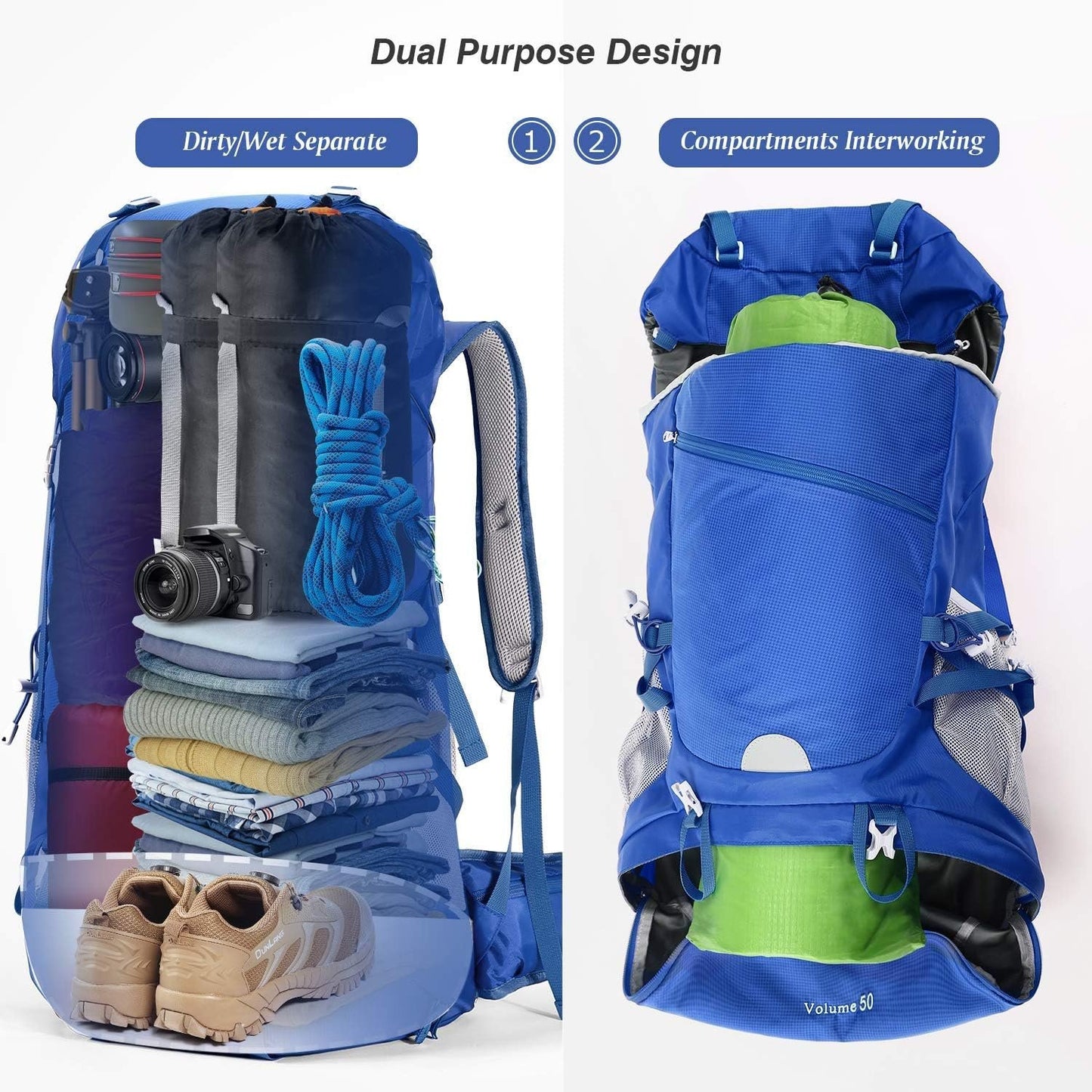 HOMIEE 50-60L Hiking Travel Camping Backpack for, Waterproof Lightweight Daypack with Rain Cover for Camping Touring