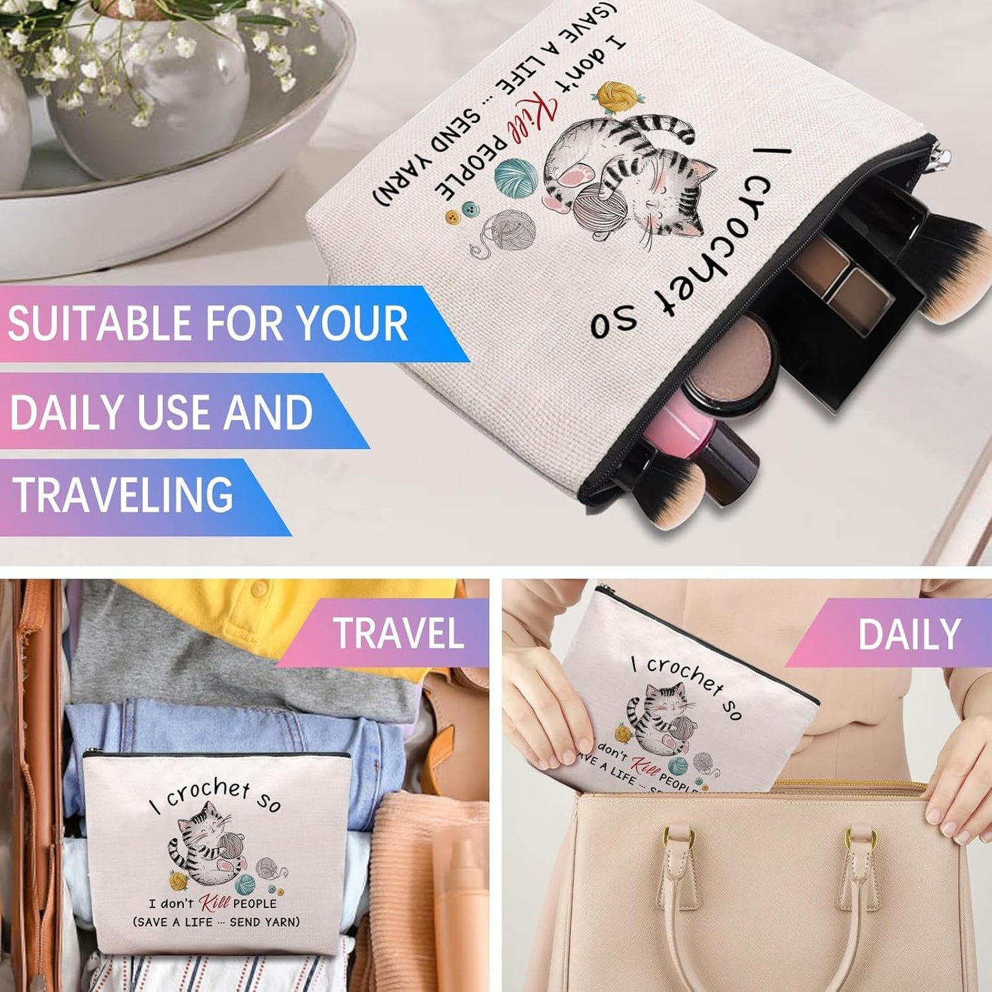 Crocheting Gifts for Crocheters Accessories Makeup Bag, Gifts for People Who Like Crocheting, Crocheter Knitting Supplies Stuff Things Gadgets, Small Crochet Gift Bag Cosmetic Bag Pouch