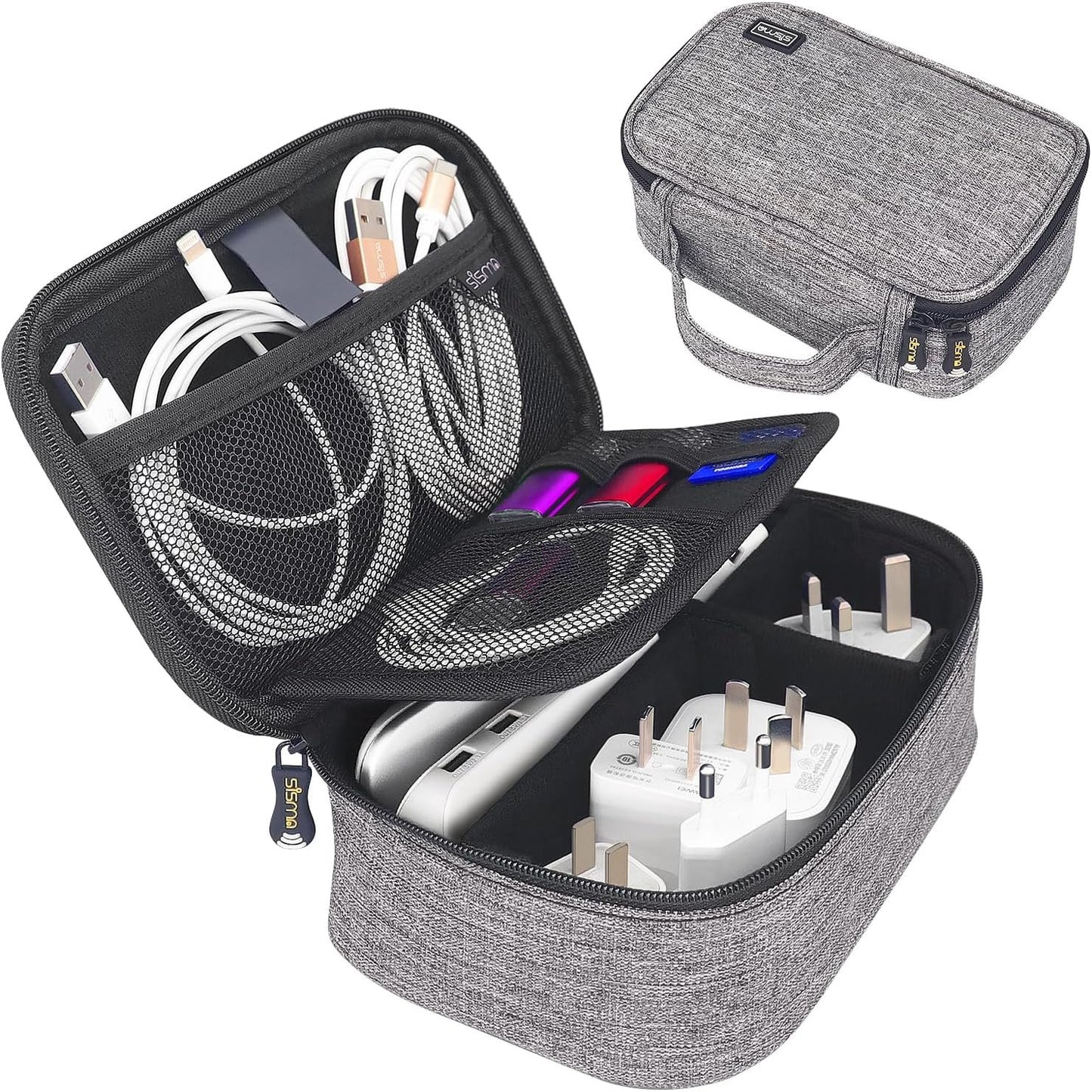 sisma Travel Electronics Organiser Carrying Case for Power Cords Power Bank Earbuds Hard Drives Memory Cards Laptop Adapter Mouse Small Tech Accessories -Grey 1680d Fabrics