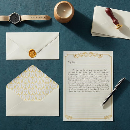 Vintage Style Letter Writing Kit with 60 Sheets of Gold Border Paper and 30 Envelopes for Letters, Valentine's (7.25 x 10 in)