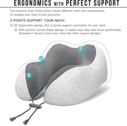 Memory Foam Travel Neck Pillow for Airplane – Ergonomic 360° Head & Neck Support Pillow with Magnetic Therapy Fabric, Adjustable Strap, Eye Mask, Earplugs & Carry Bag for Travel, Office, or Home