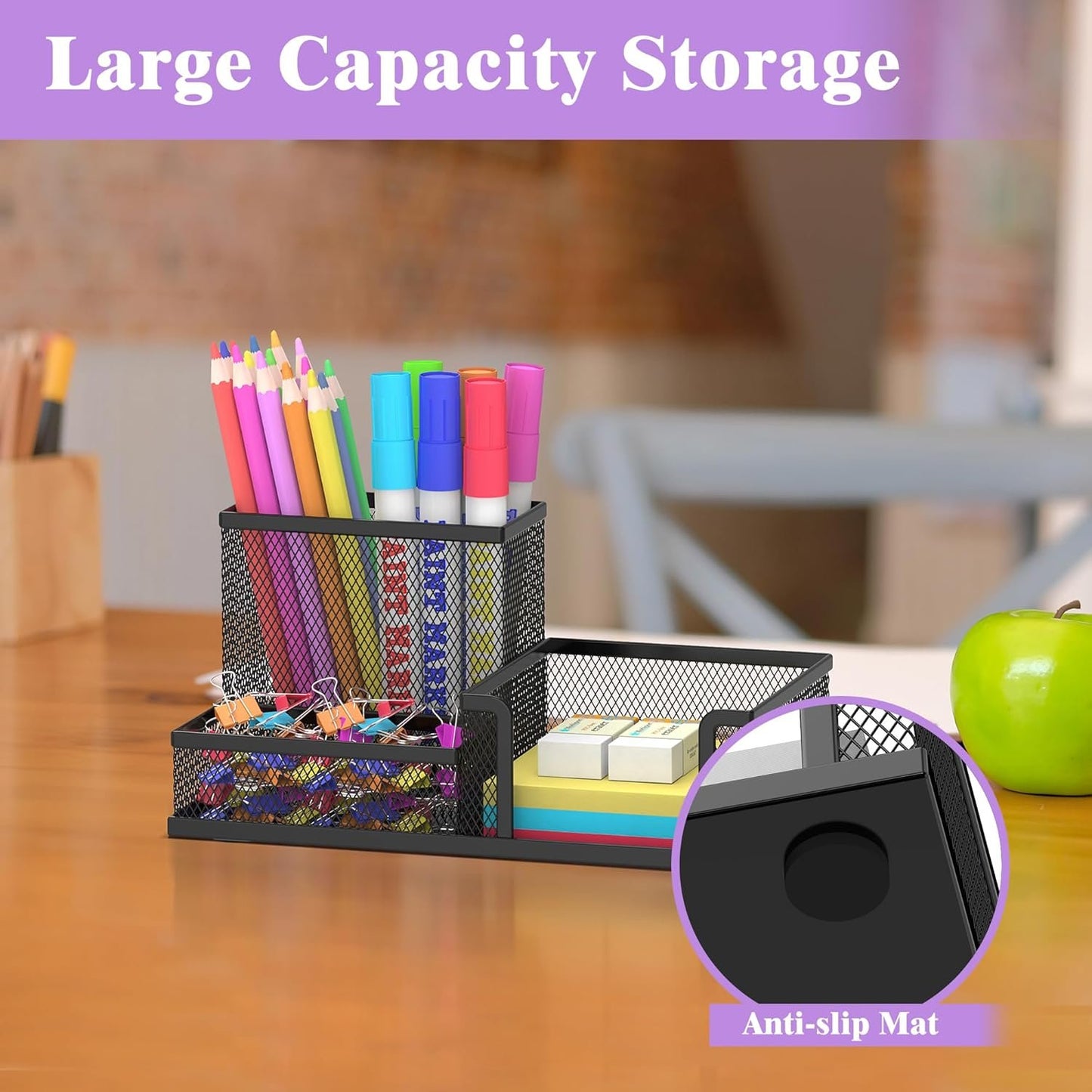 SUPEASY Mesh Pen Holder Desk Organizer, Office Supplies Pencil Storage with 3 Compartments, Office Desk Accessories and Workspace Organizers for Home School, Black