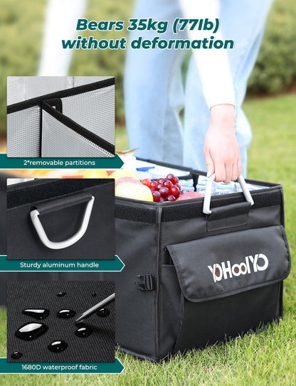 YOHOOLYO Trunk Organizer for SUV Large Insulated Car Storage Organizer Collapsible Multi-compartments Pockets Trunk Cooler Box Portable Grocery Cargo Container with Aluminium Handles, Lid Black E3W
