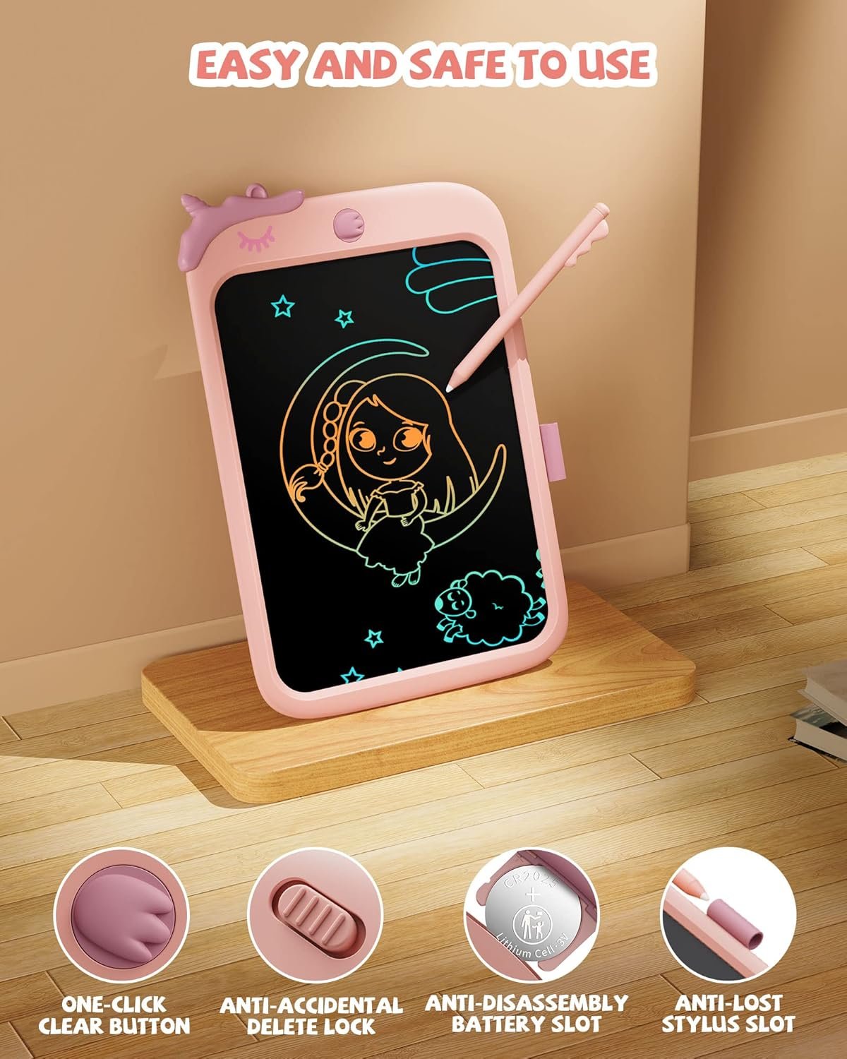 Toys for Girls 10 inch Doodle Board Drawing Pad Tablet with Lock Function, Erasable, Portable, Educational Learning Unicorn Toy Gifts for 3 4 5 6 7 8 9 Years Old Girls Toddlers (Pink)