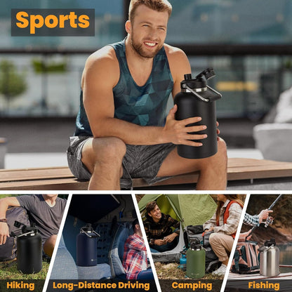 Luxgola 128 oz Insulated Water Bottle with Spout Lid and Handle, One Gallon Stainless Steel Large Double Vacuum Water Jug for Cold & Hot Drinks - Sweat Proof, Great for Travel, Gym, Camping - Black