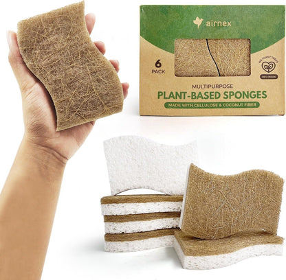 AIRNEX 6 Pack Biodegradable Natural Kitchen Sponges - Eco Friendly Cellulose and Coconut Husk - Non Scratch, Odourless, Dual Sided, Multipurpose, Sponges for Dishes with Dish Scrubber