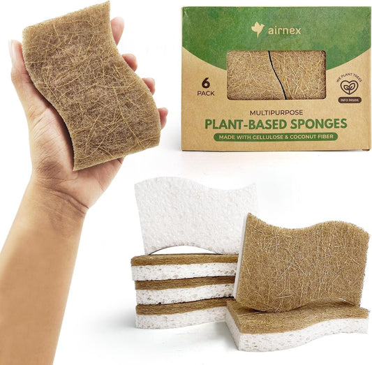 AIRNEX 6 Pack Biodegradable Natural Kitchen Sponges - Eco Friendly Cellulose and Coconut Husk - Non Scratch, Odourless, Dual Sided, Multipurpose, Sponges for Dishes with Dish Scrubber