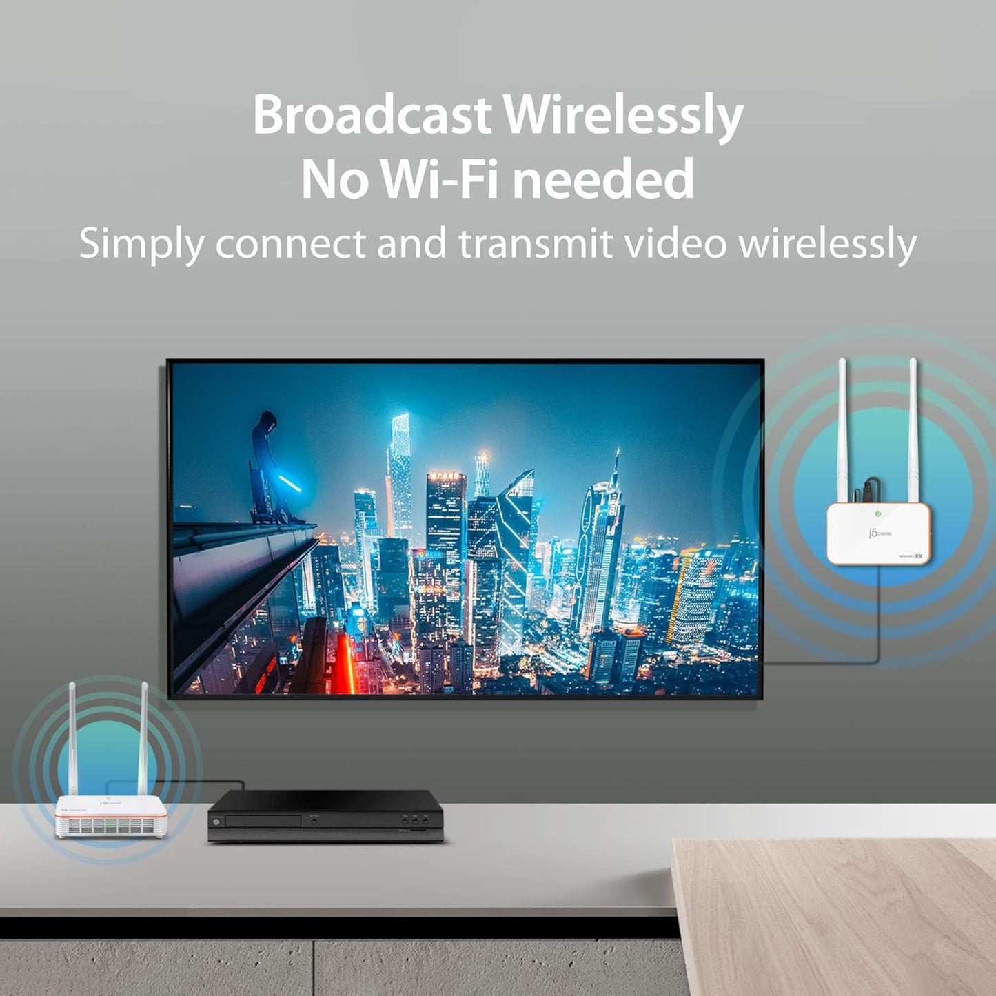 j5create Wireless Display HDMI Extender Full HD 1080p 60fps Transmitter and Receiver with IR Remote Control, 200ft Transmission, Ultra-Low Latency, for Home/Office/Church (JVAW53)