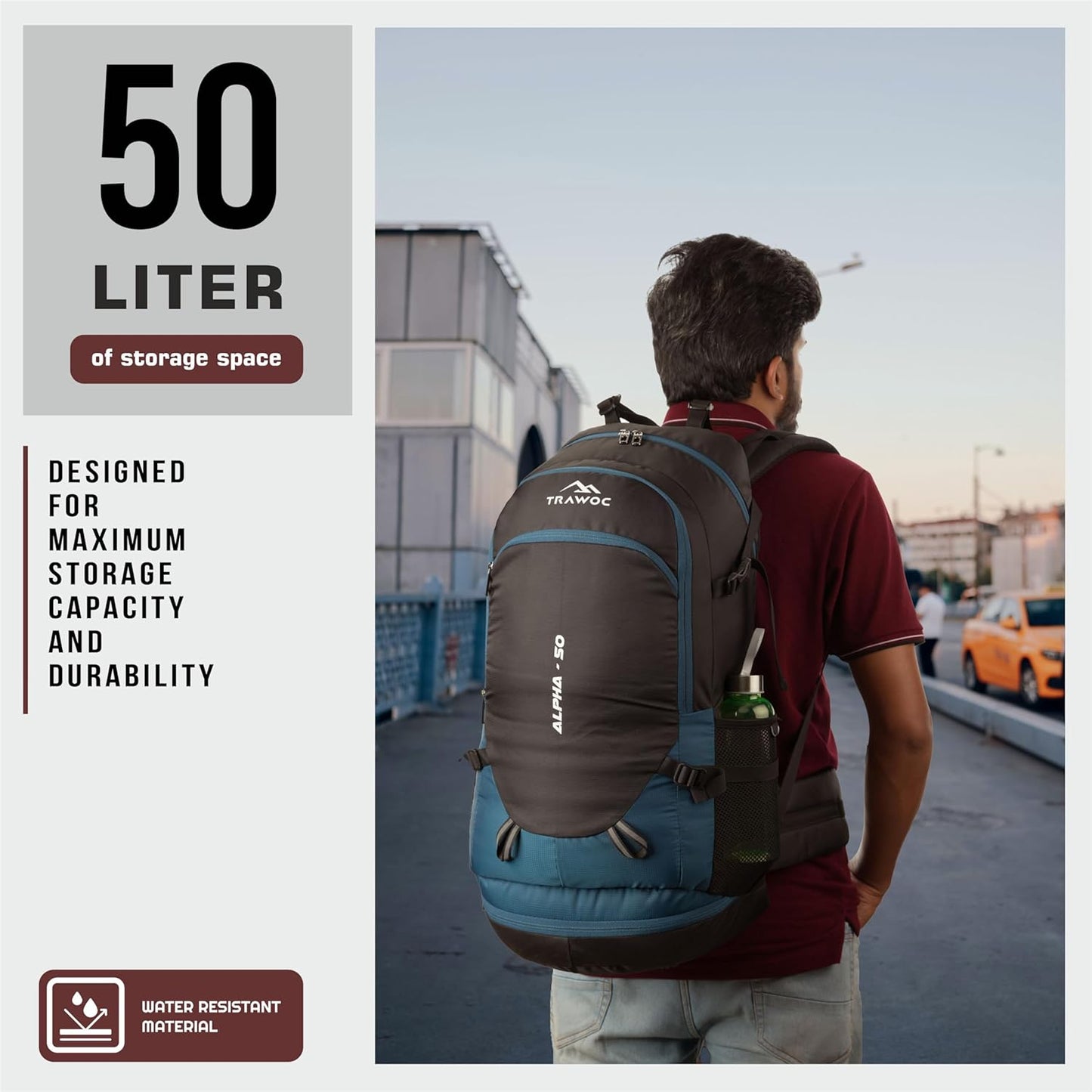 TRAWOC ALPHA 50 Litre Travel Backpack Water Resistant Daypack Bag for Cycling Trekking Hiking Camping for Men & Women