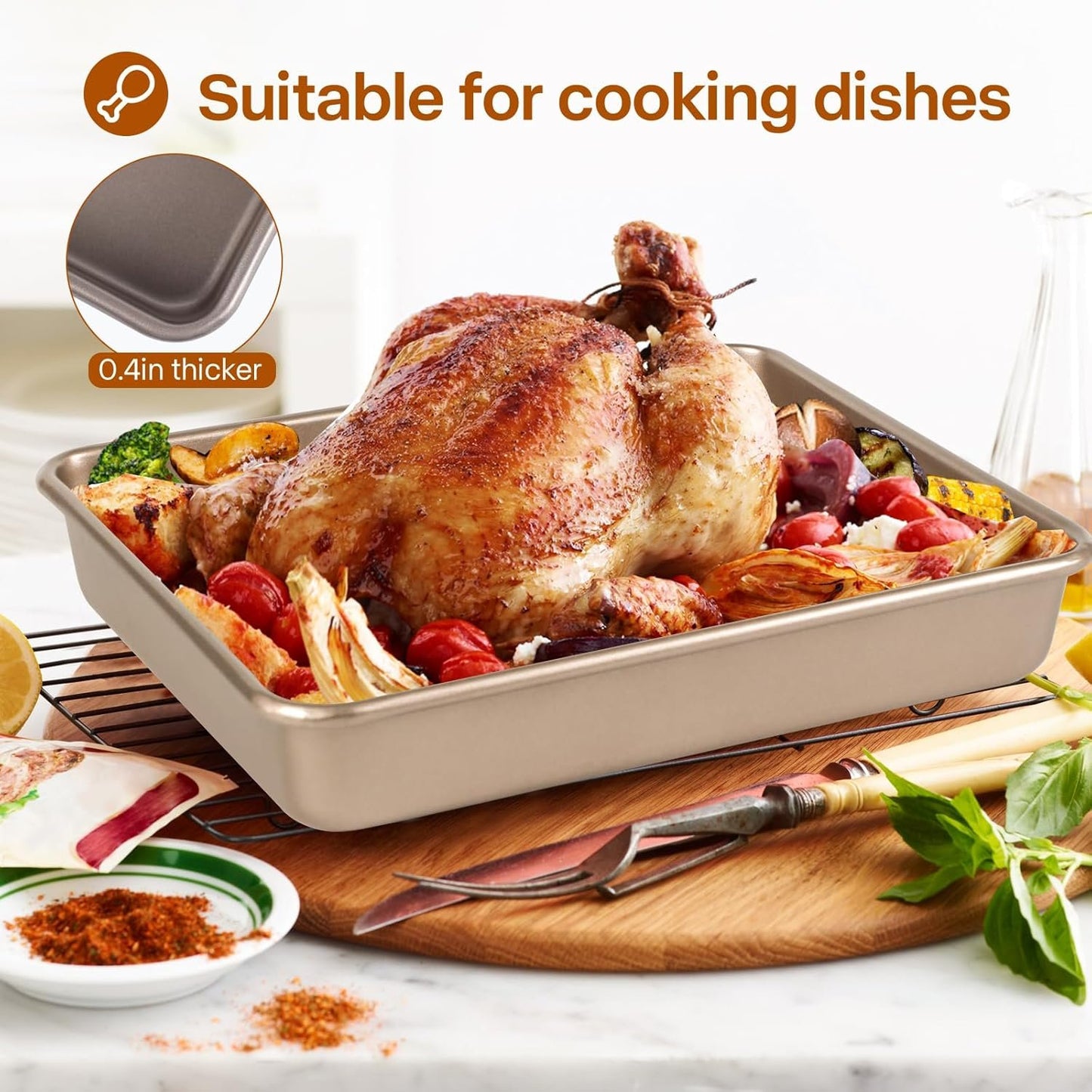 Barlket 3-Pieces Rectangle Cake Pan, Deep Baking Pans Set, Nonstick Roasting Pans Set for Thanksgiving Christmas, 9/11/13 Inch, Toaster Oven Tray Bakeware Set, Lasagna Pan Deep Size, Heavy Duty, Gold