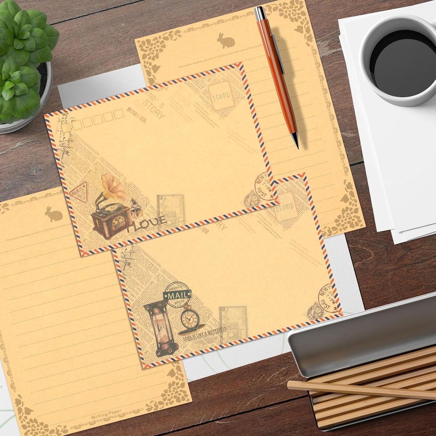 KSIWRE 48 PCS Vintage Style Stationery Paper and Envelopes Set, 32 PCS Lined Stationary Writing Paper with 16 PCS Envelopes, Old Looking Paper Antique Paper for Writing Letters Party Invitations