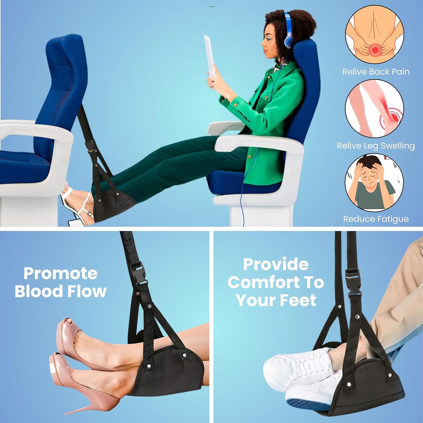 KUTABS Foot Hammock for Plane or Travel Pillow - Airplane Foot Hammock and Plane Foot Rest - Ultimate Travel Accessories with Sleep Mask and Ear Plugs